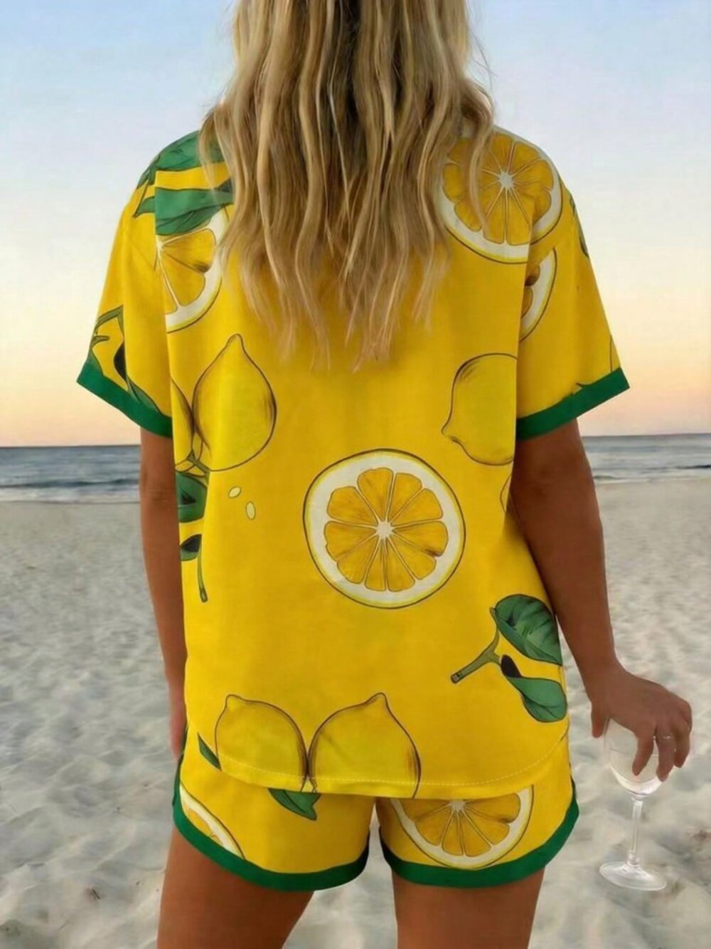 Yellow Casual Women's lemon Print Short Sleeve Shirt And Shorts Suit - Picture 2 of 5